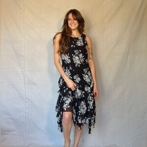 Y2K Black & White Floral Ruffle Midi Dress